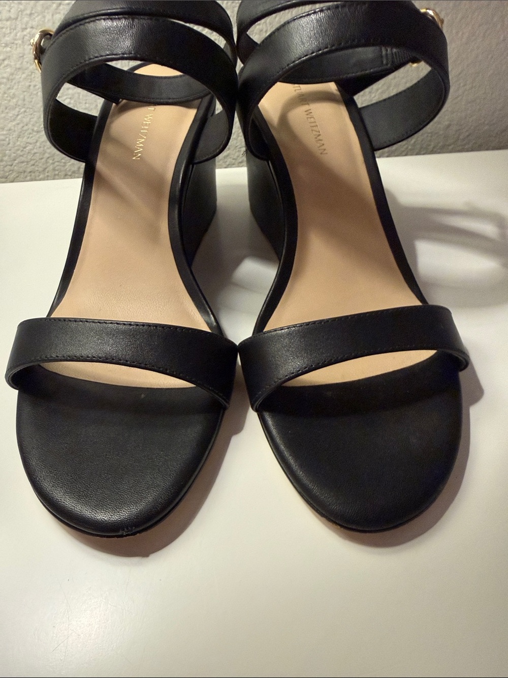 Stuart Weitzman Black Avenue 75 Leather Wedge Sandal 7.5 - Picture 8 of 12